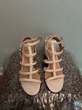 Braided Strappy Block Heel Sandals - Cream